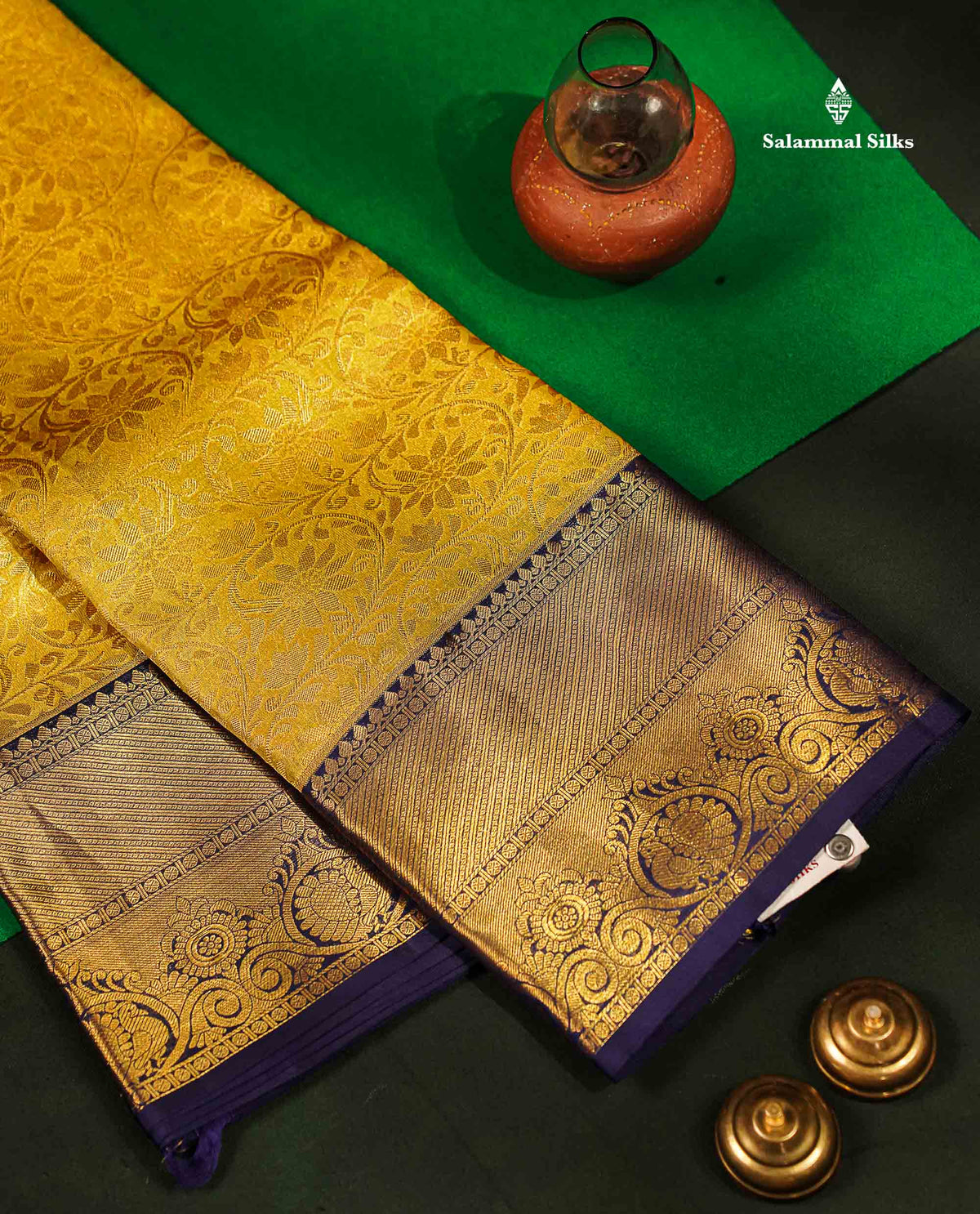 Beautiful Yellow Tissue Bridal Pure Kanjivaram Silk Saree With Contrast Navy Blue Traditional Border