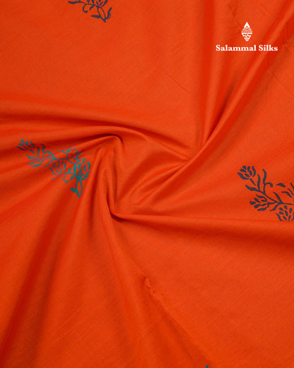 Beautiful Orange South Cotton Printed Saree With Contrast Black Blouse