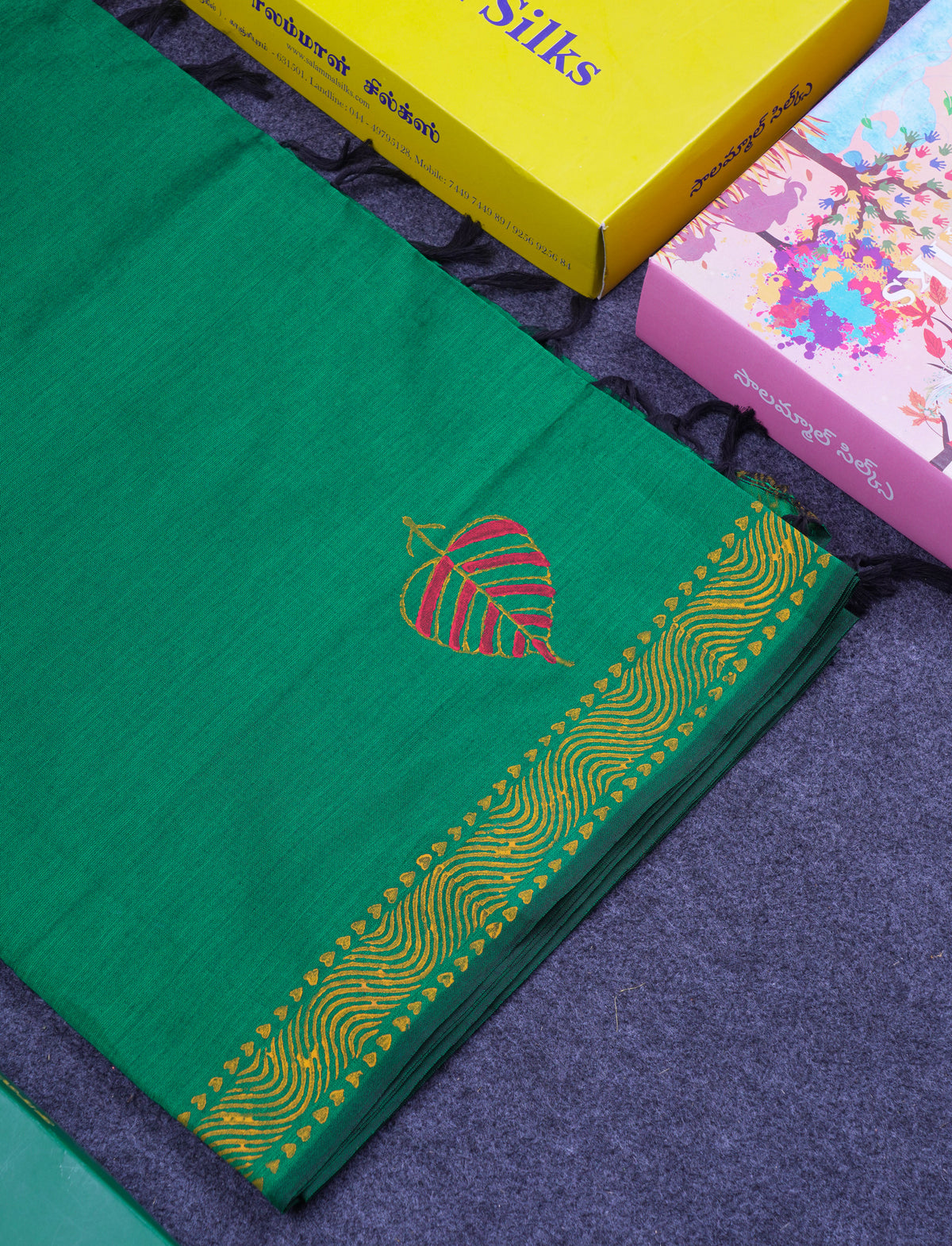 Beautiful Green South Cotton Printed Saree With Contrast Mustard Yellow Blouse