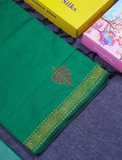 Beautiful Green South Cotton Printed Saree With Contrast Mustard Yellow Blouse