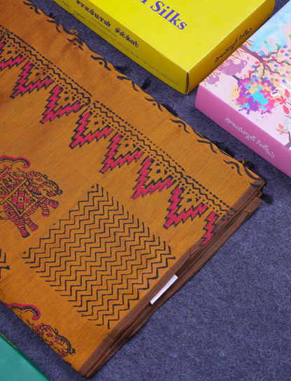 Beautiful Light Orange South Cotton Printed Saree With Contrast Black Blouse