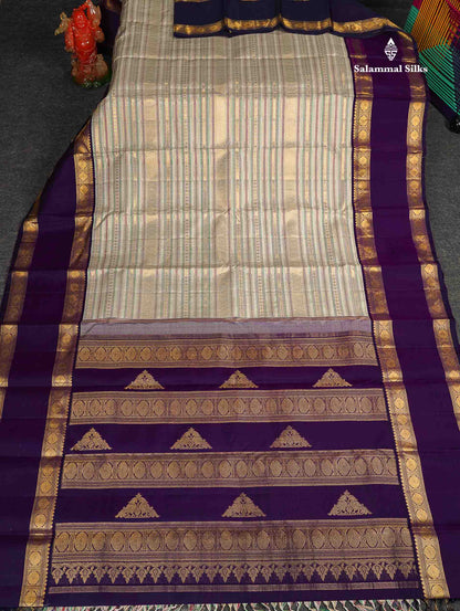 Korvai Pure Kanjivaram Silk Saree - Light Grey Colour Body With Contrast Dark Purple Traditional Rettapet Border