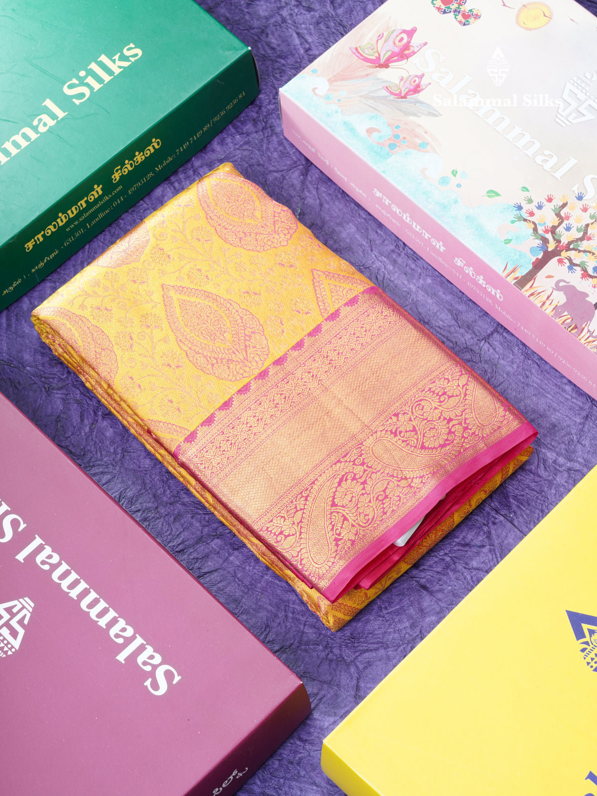 Yellow Meenakari Work Grand Bridal Pure Kanjivaram Silk Saree With Pink Border