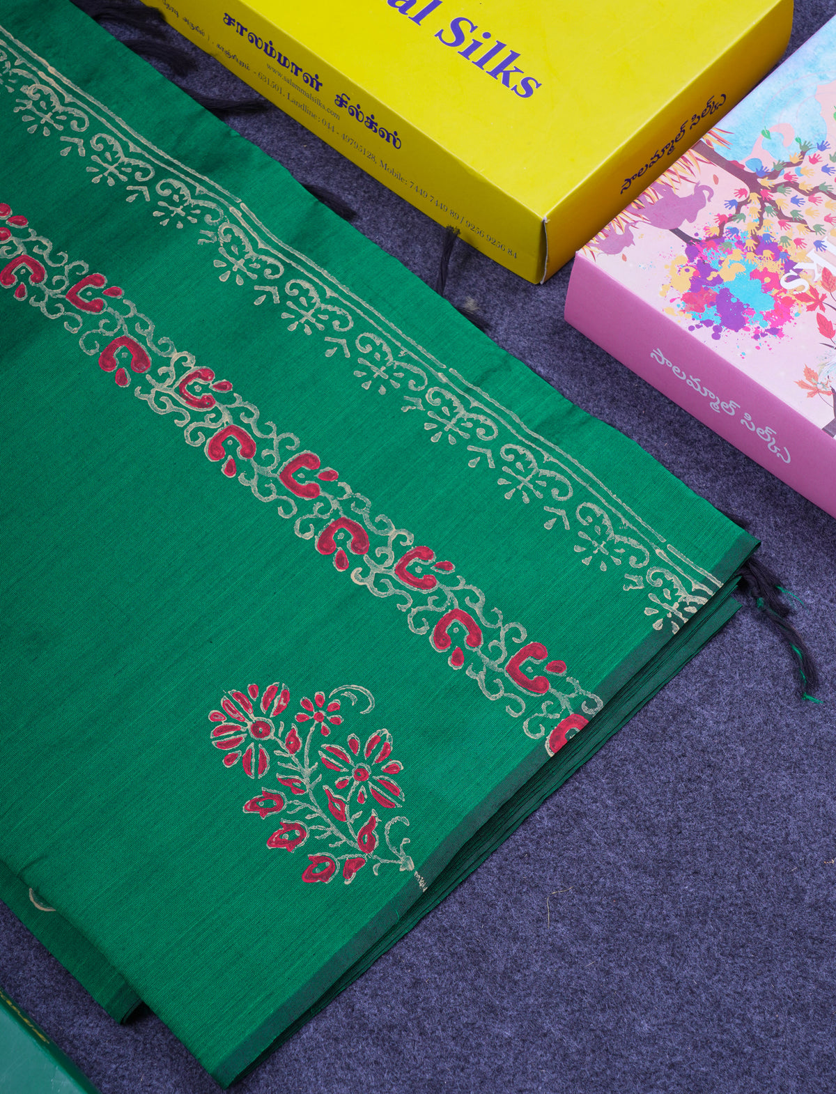 Beautiful Green South Cotton Printed Saree With Contrast Cream Sandal Blouse