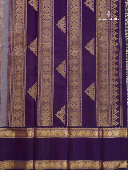 Korvai Pure Kanjivaram Silk Saree - Light Grey Colour Body With Contrast Dark Violet Traditional Rettapet Border