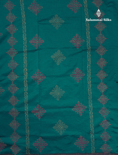 Beautiful Peacock Green South Cotton Printed Saree With Contrast Half White Blouse