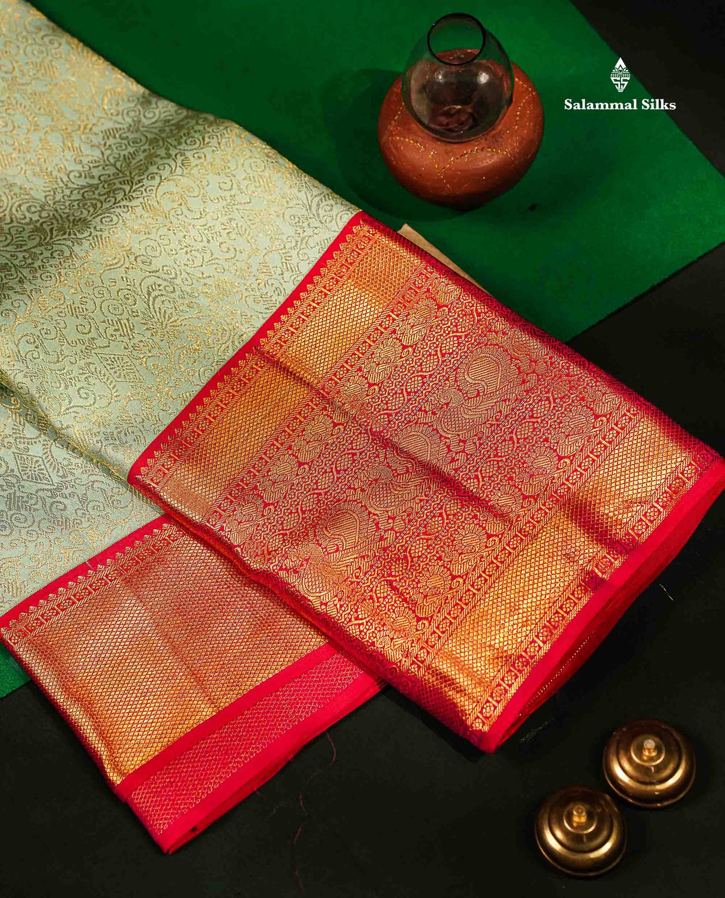 Beautiful Light Rexona Bridal Pure Kanjivaram Silk Saree With Contrast Redish Pink Traditional Evening Morning Border