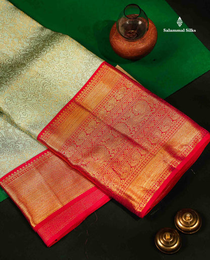 Beautiful Light Rexona Bridal Pure Kanjivaram Silk Saree With Contrast Redish Pink Traditional Evening Morning Border