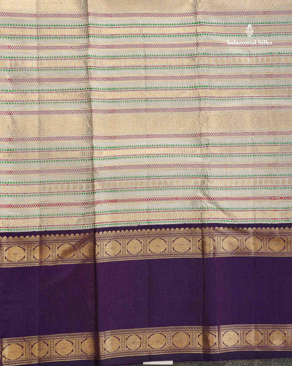 Korvai Pure Kanjivaram Silk Saree - Light Grey Colour Body With Contrast Dark Violet Traditional Rettapet Border