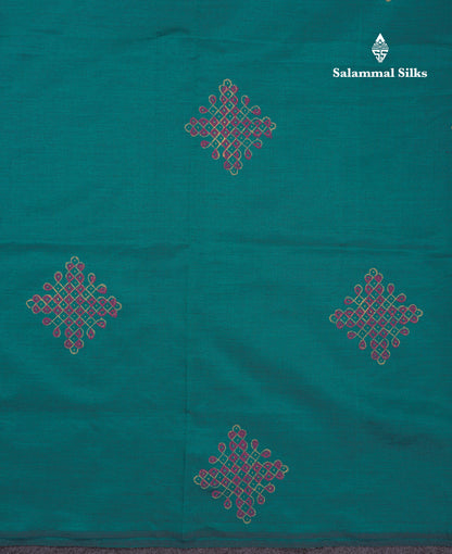 Beautiful Peacock Green South Cotton Printed Saree With Contrast Half White Blouse