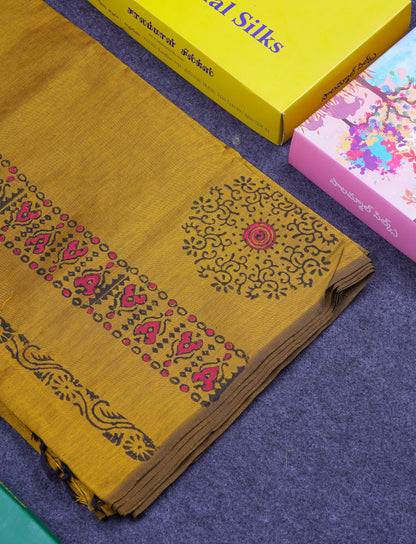 Beautiful Mustard Yellow South Cotton Printed Saree With Contrast Black Blouse