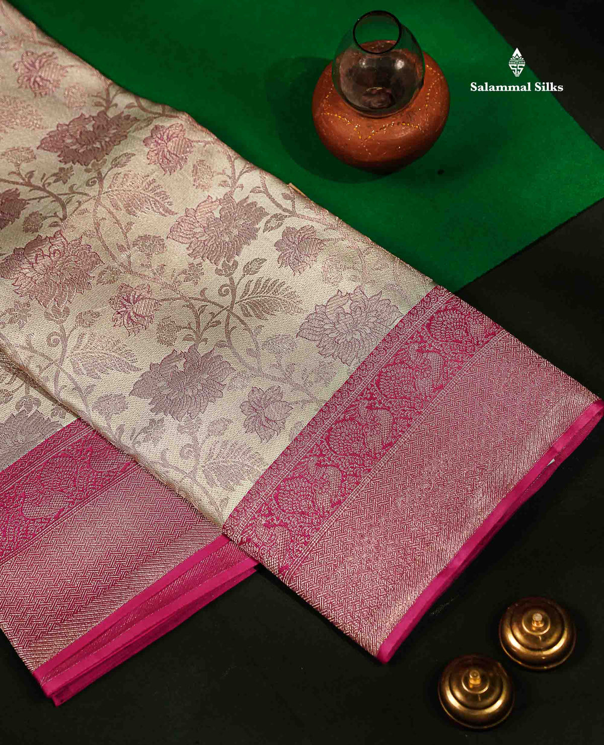 Beautiful Grey White Fancy Bridal Pure Kanjivaram Silk Saree With Contrast Pink Traditional Medium Border