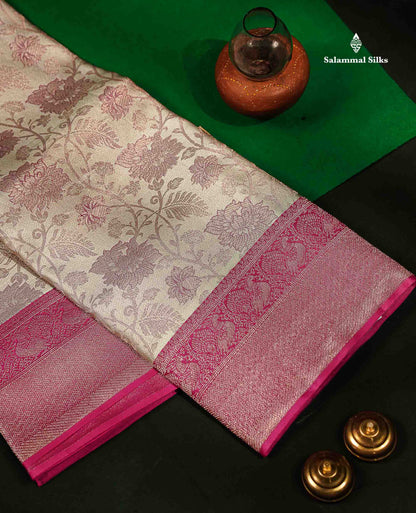 Beautiful Grey White Fancy Bridal Pure Kanjivaram Silk Saree With Contrast Pink Traditional Medium Border
