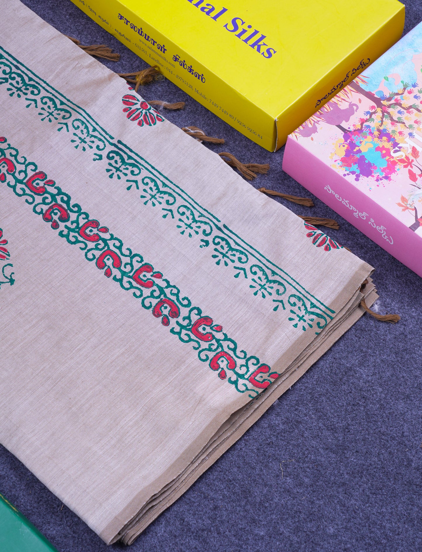 Beautiful Cream Sandal South Cotton Printed Saree With Contrast Green Blouse