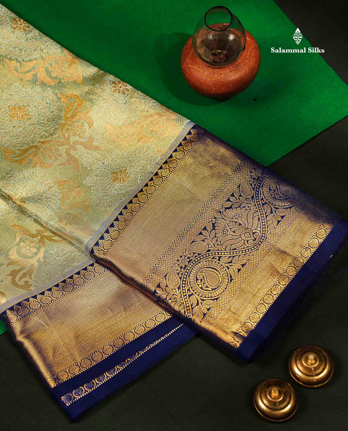 Beautiful Light Pista Green Tissue Bridal Pure Kanjivaram Silk Saree With Contrast Navy Blue Traditional Evening Morning Border