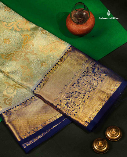 Beautiful Light Pista Green Tissue Bridal Pure Kanjivaram Silk Saree With Contrast Navy Blue Traditional Evening Morning Border
