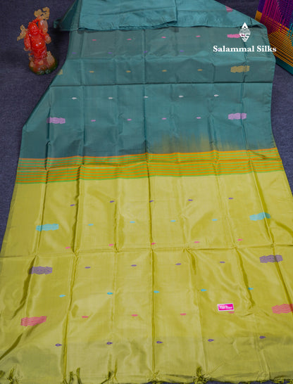 Green Shade Thread work Buttas Banana Pinth Saree (Vaazhainaar Pattu) With Contrast Parrot Green Blouse