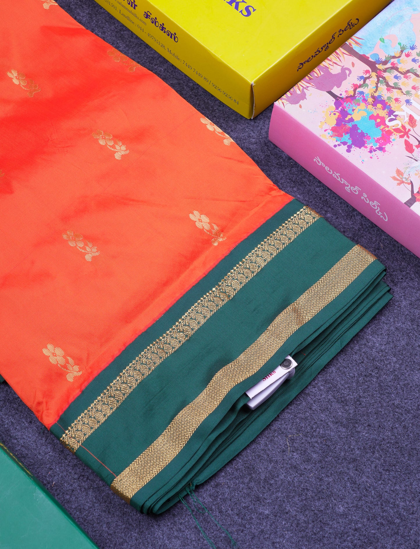 9.5 Yards Semi Silk Saree Orange with Contrast Bottle Green Traditional Rettapet Border