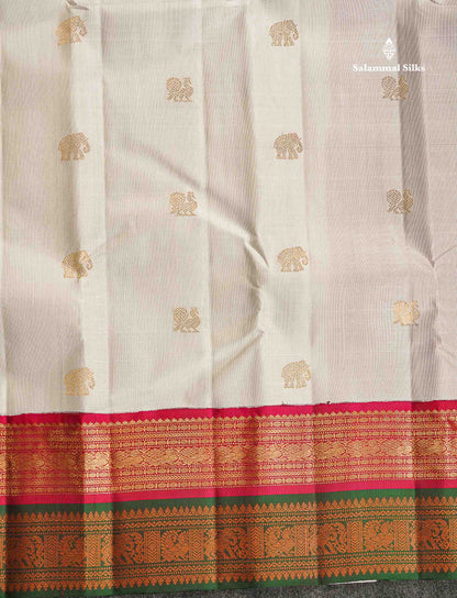 Korvai Pure Kanjivaram Silk Saree - Half White Colour Body With Traditional Zari & Thread Border