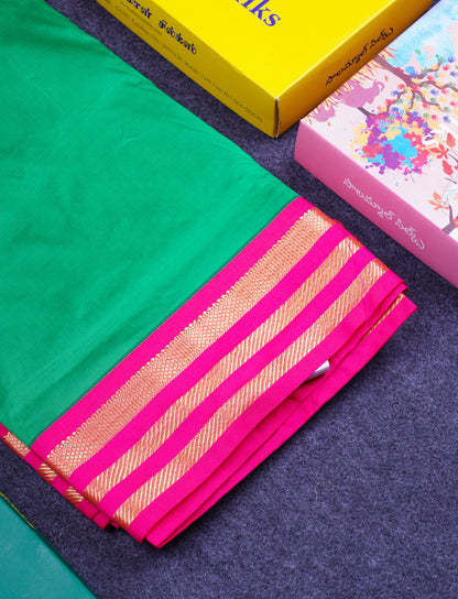 9.5 Yards Semi Silk Saree Green with Contrast Pink Traditional Border