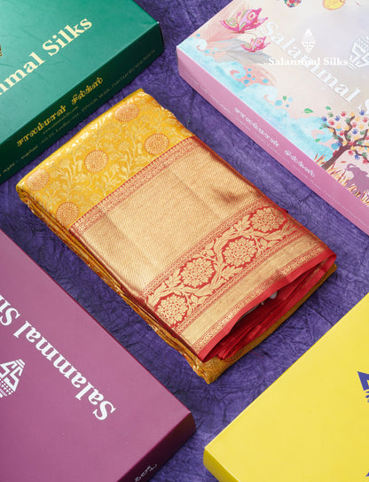 Yellow Meenakari Work Beautiful Bridal Pure Kanjivaram Silk Saree With Maroon Border