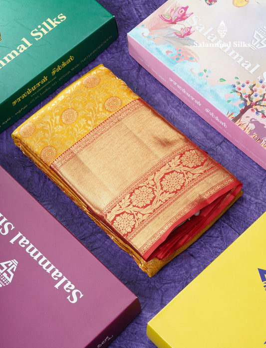 Yellow Meenakari Work Beautiful Bridal Pure Kanjivaram Silk Saree With Maroon Border