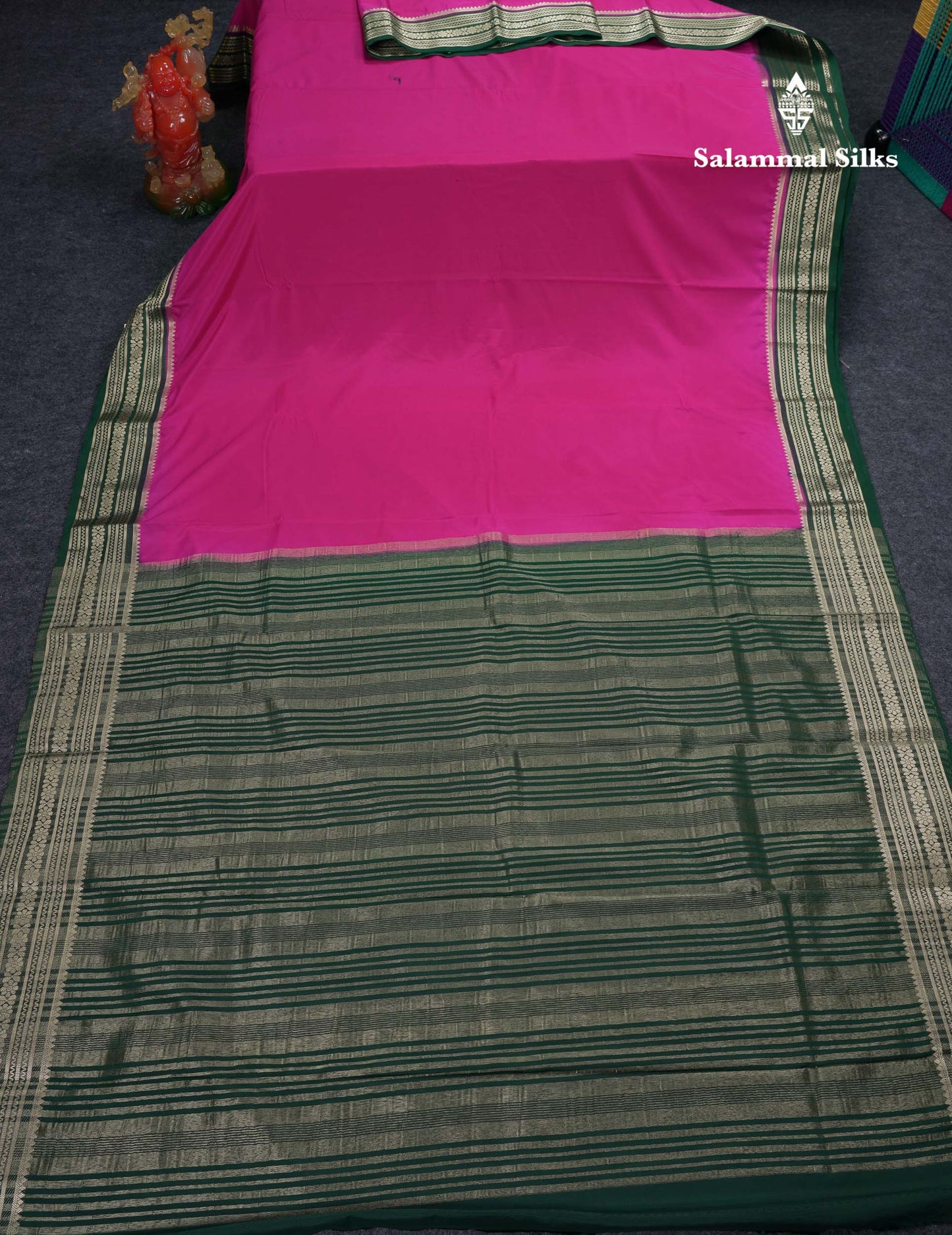 Beautiful Navy Blue Plain Semi Mysore Silk Saree With Contrast Pink Traditional Border