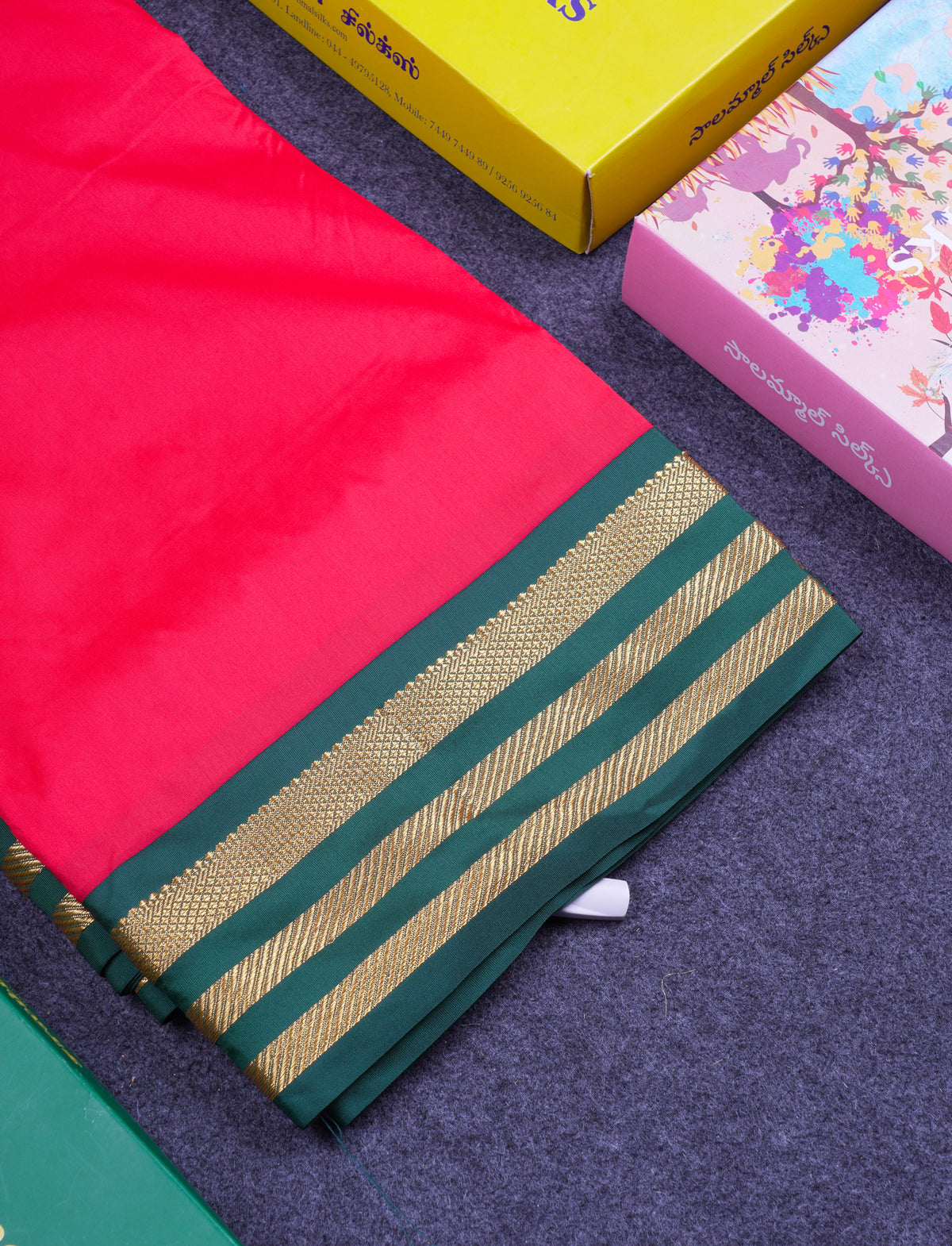 9.5 Yards Semi Silk Saree Red with Contrast Bottle Green Traditional Border