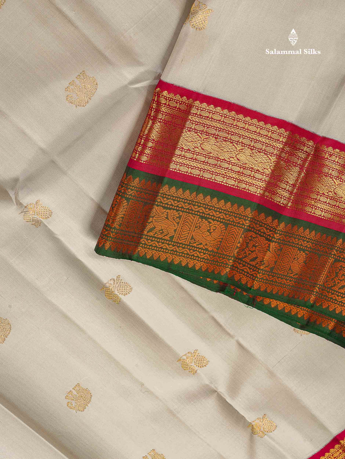Korvai Pure Kanjivaram Silk Saree - Half White Colour Body With Traditional Zari & Thread Border