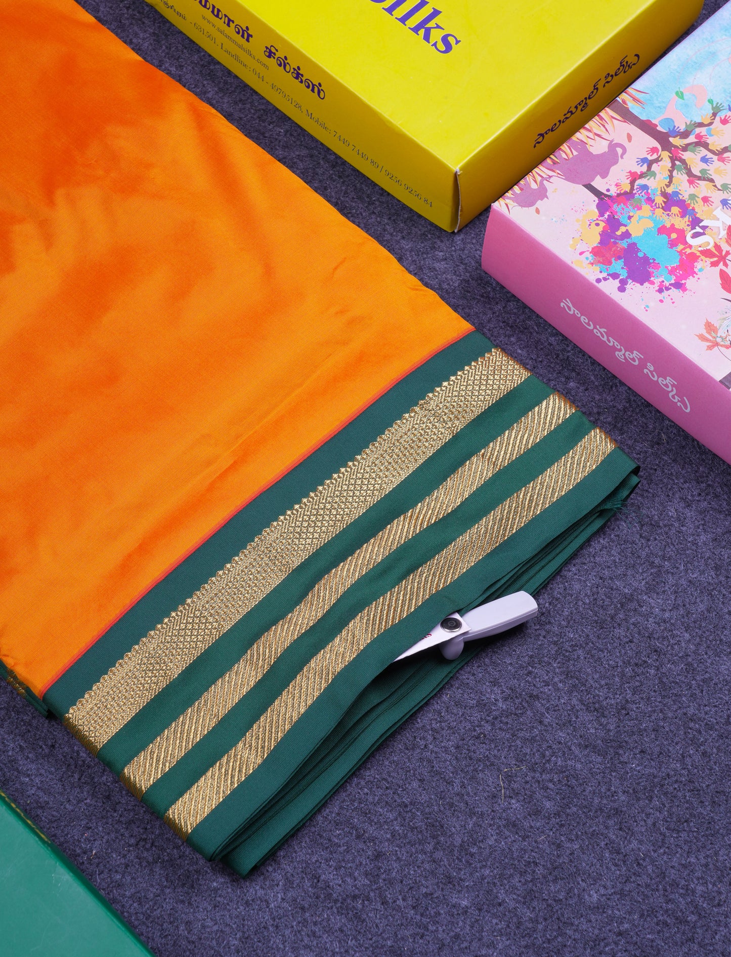 9.5 Yards Semi Silk Saree Mango Yellow with Contrast Bottle Green Traditional Border