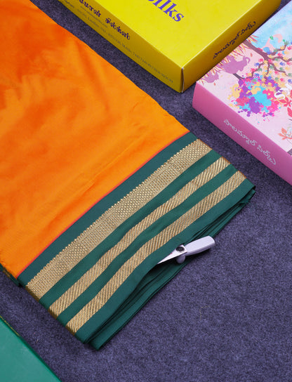 9.5 Yards Semi Silk Saree Mango Yellow with Contrast Bottle Green Traditional Border