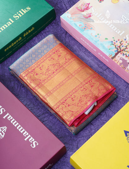 Dual Tone Blue Bridal Pure Kanjivaram Silk Saree With Pink Evening Morning Border