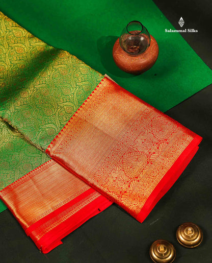 Beautiful Dual Tone Green Bridal Pure Kanjivaram Silk Saree With Contrast Chilly Red Traditional Evening Morning Border