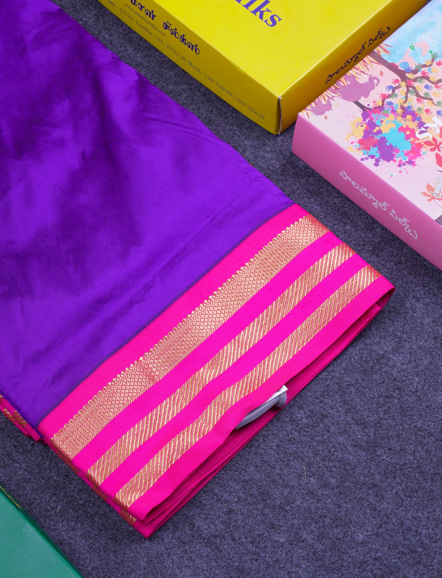 9.5 Yards Semi Silk Saree Violet with Contrast Pink Traditional Border