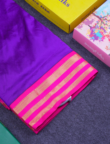 9.5 Yards Semi Silk Saree Violet with Contrast Pink Traditional Border