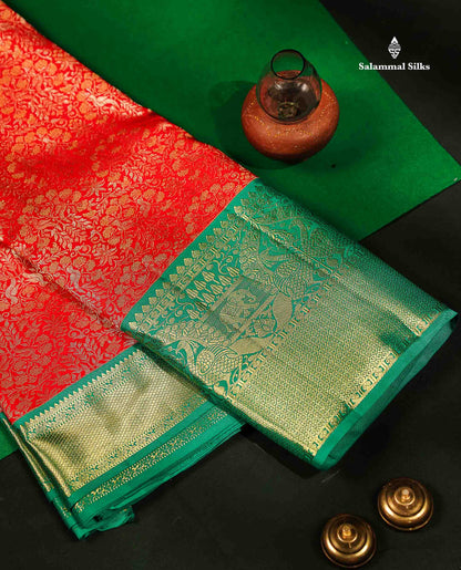 Beautiful Chilly Red Bridal Pure Kanjivaram Silk Saree With Contrast Sapphire Green Traditional Evening Morning Border
