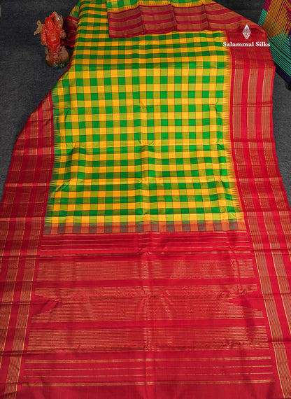 Pure Kanjivaram Silk Saree - Paalum Pazham Checks With Redish Maroon Long Border