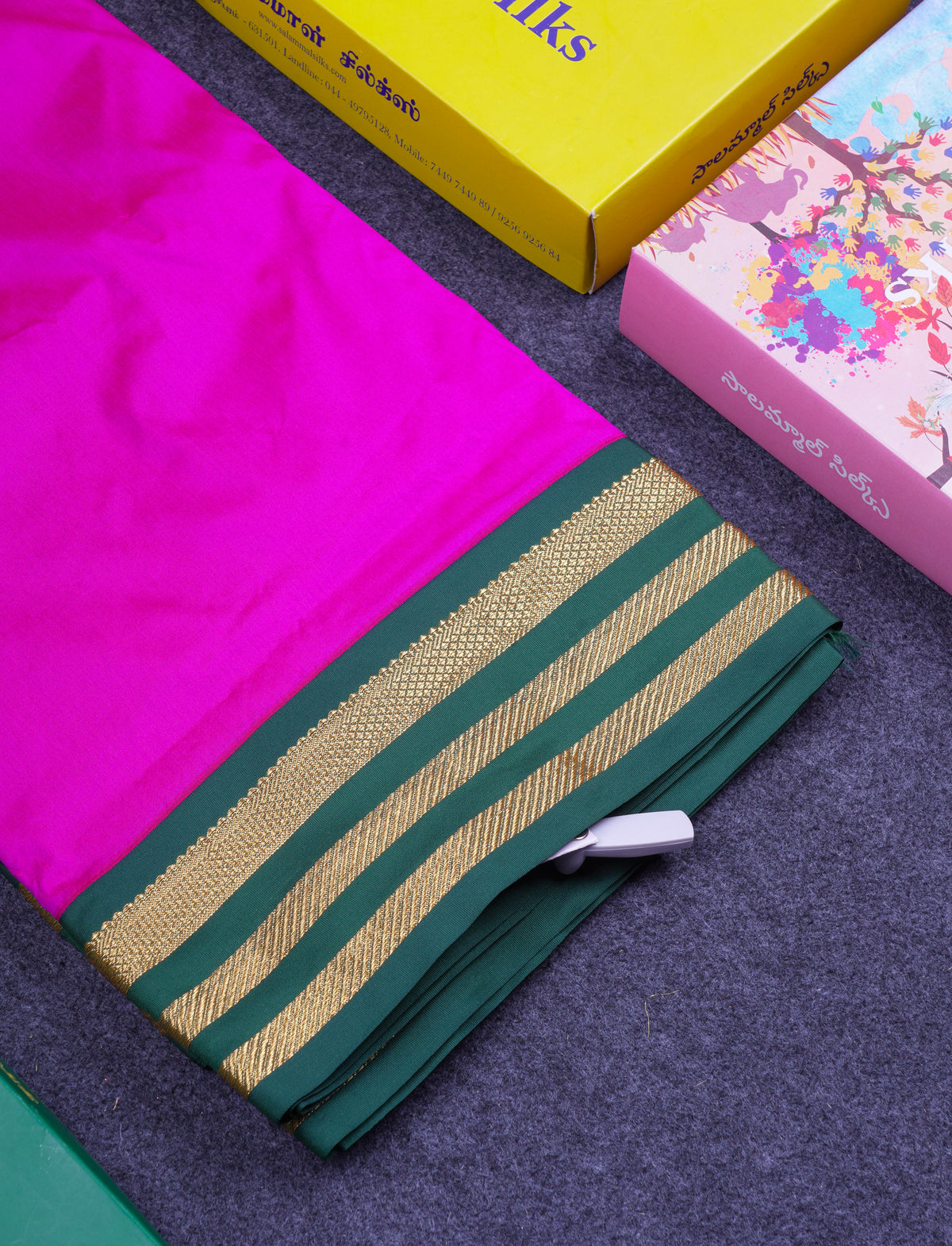 9.5 Yards Semi Silk Saree Magenta Pink with Contrast Bottle Green Traditional Border