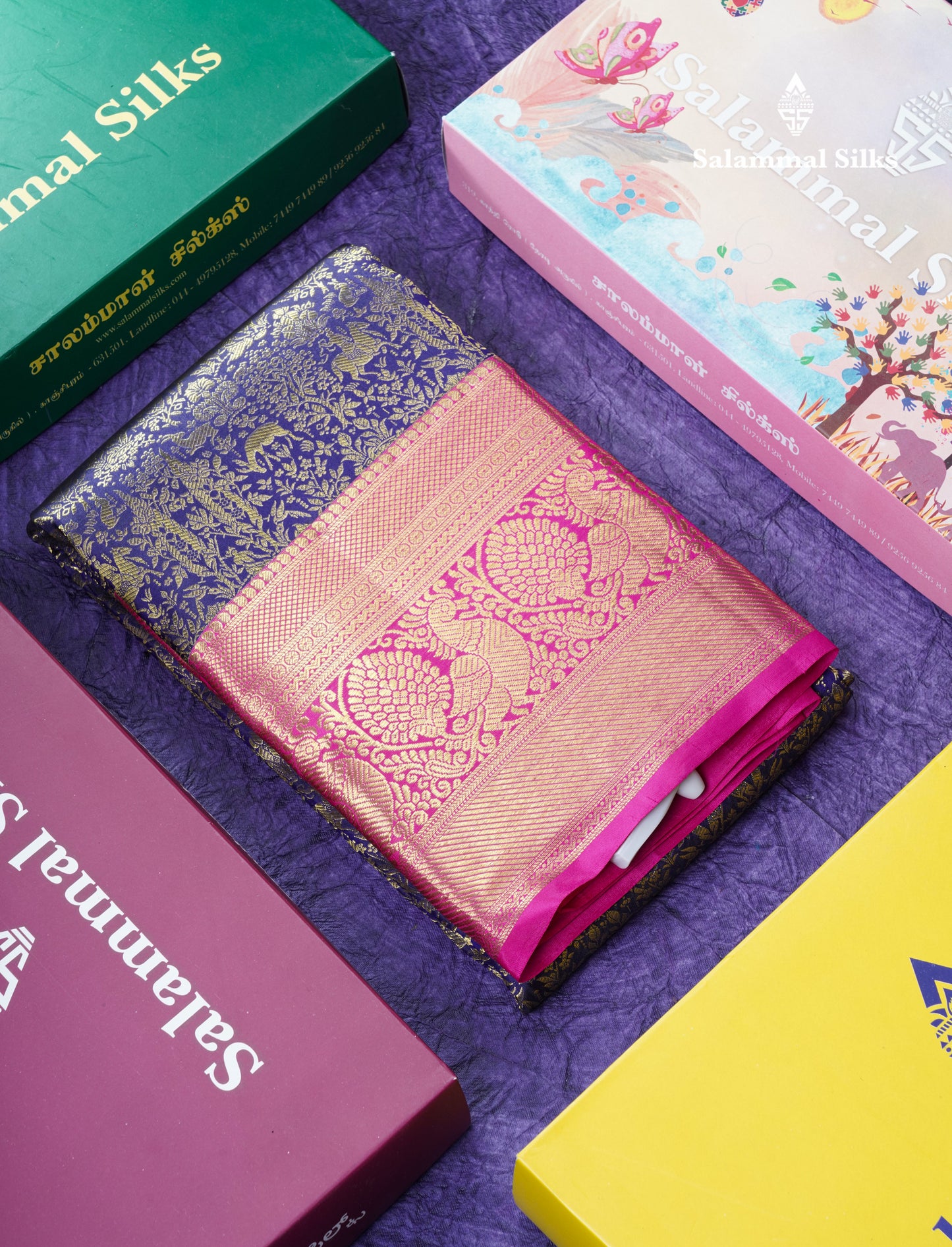 Navy Blue Vanasingaram Grand Bridal Pure Kanjivaram Silk Saree With Magenta Pink Border