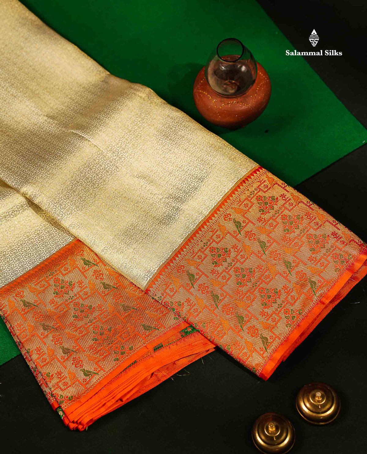Beautiful Half White Bridal Pure Kanjivaram Silk Saree With Contrast Pinkish Orange Paithani Border