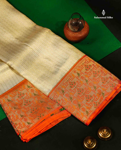 Beautiful Half White Bridal Pure Kanjivaram Silk Saree With Contrast Pinkish Orange Paithani Border