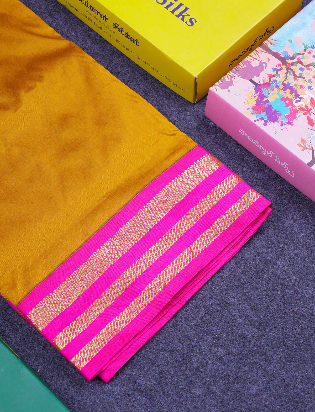 9.5 Yards Semi Silk Saree Mustard Yellow with Contrast Pink Traditional Border