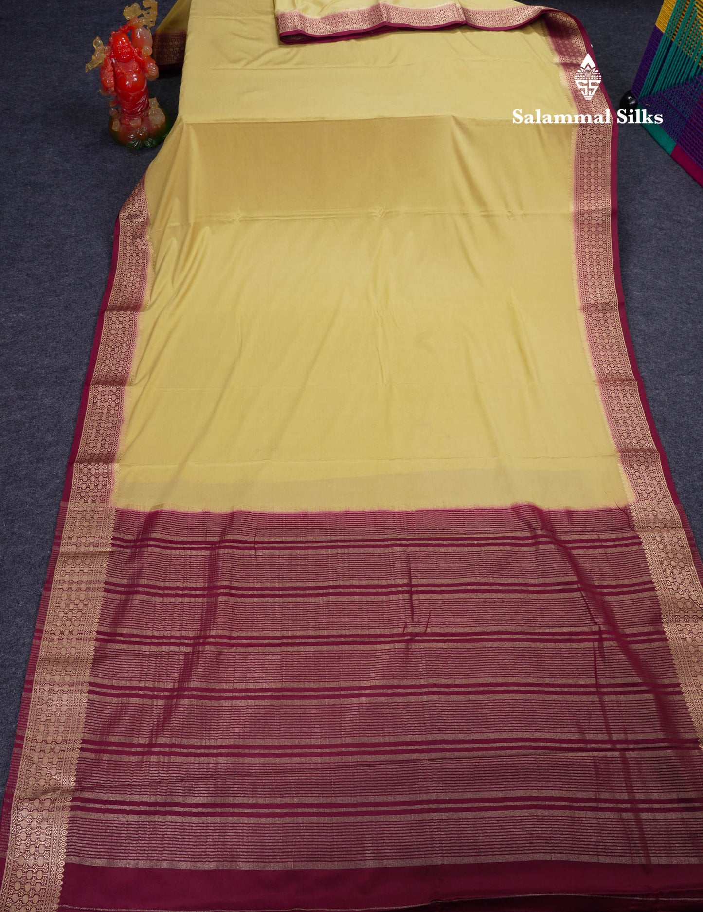 Beautiful Cream Sandal Plain Semi Mysore Silk Saree With Contrast Dark Maroon Traditional Border