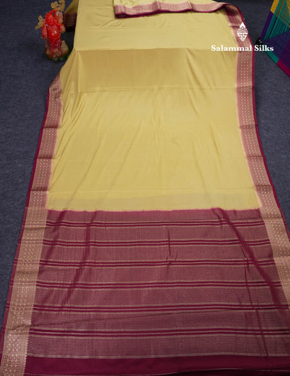 Beautiful Cream Sandal Plain Semi Mysore Silk Saree With Contrast Dark Maroon Traditional Border