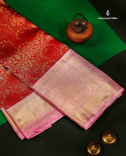 Beautiful Redish Maroon Bridal Pure Kanjivaram Silk Saree With Contrast Baby Pink Traditional Evening Morning Border