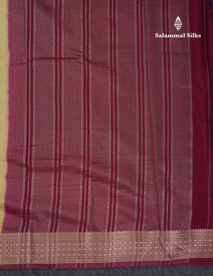 Beautiful Cream Sandal Plain Semi Mysore Silk Saree With Contrast Dark Maroon Traditional Border