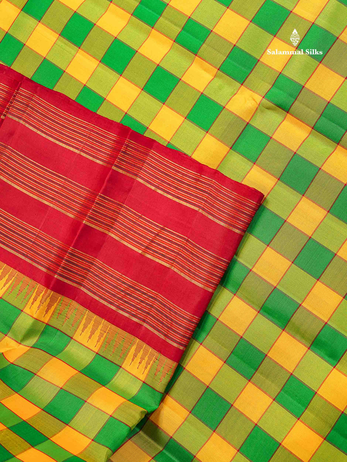 Pure Kanjivaram Silk Saree - Paalum Pazham Checks With Redish Maroon Long Border
