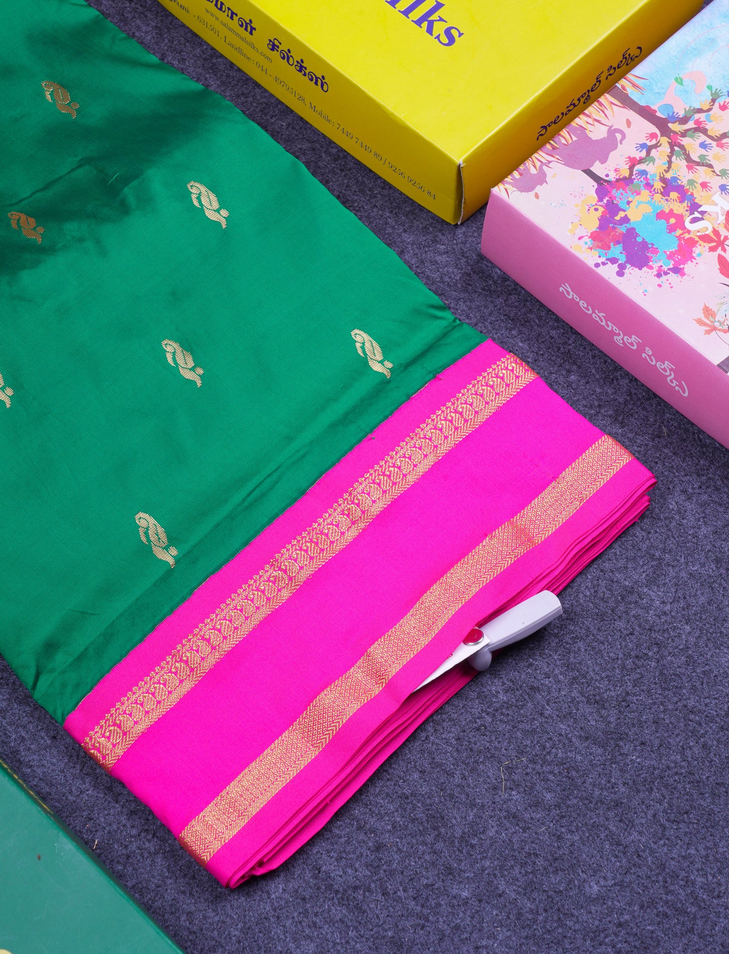 9.5 Yards Semi Silk Saree Bottle Green with Contrast Pink Traditional Rettapet Border