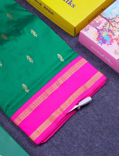 9.5 Yards Semi Silk Saree Bottle Green with Contrast Pink Traditional Rettapet Border