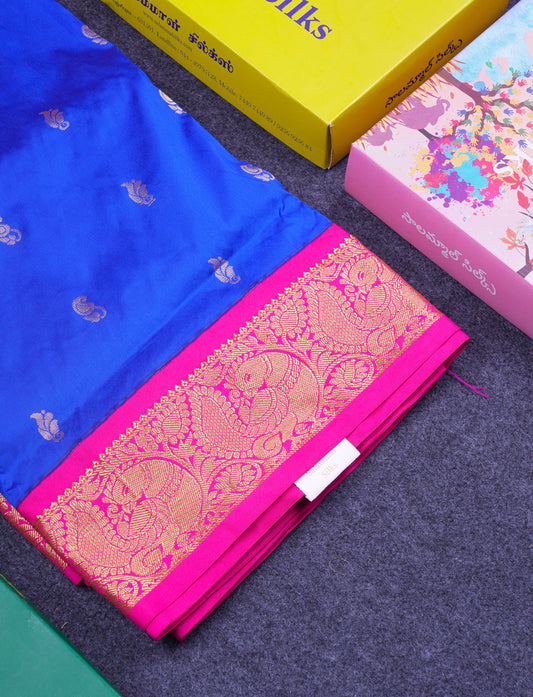 9.5 Yards Semi Silk Saree Royal Blue with Contrast Pink Traditional Border